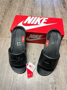 Nike Black Slide Sandals with Red Box Accent
